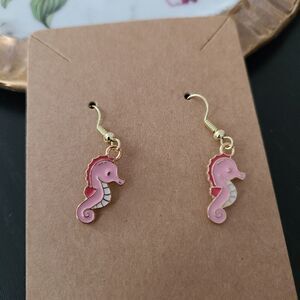 New Handcrafted Pink Enamel Seahorse on 14K Gold Plated Hooks
